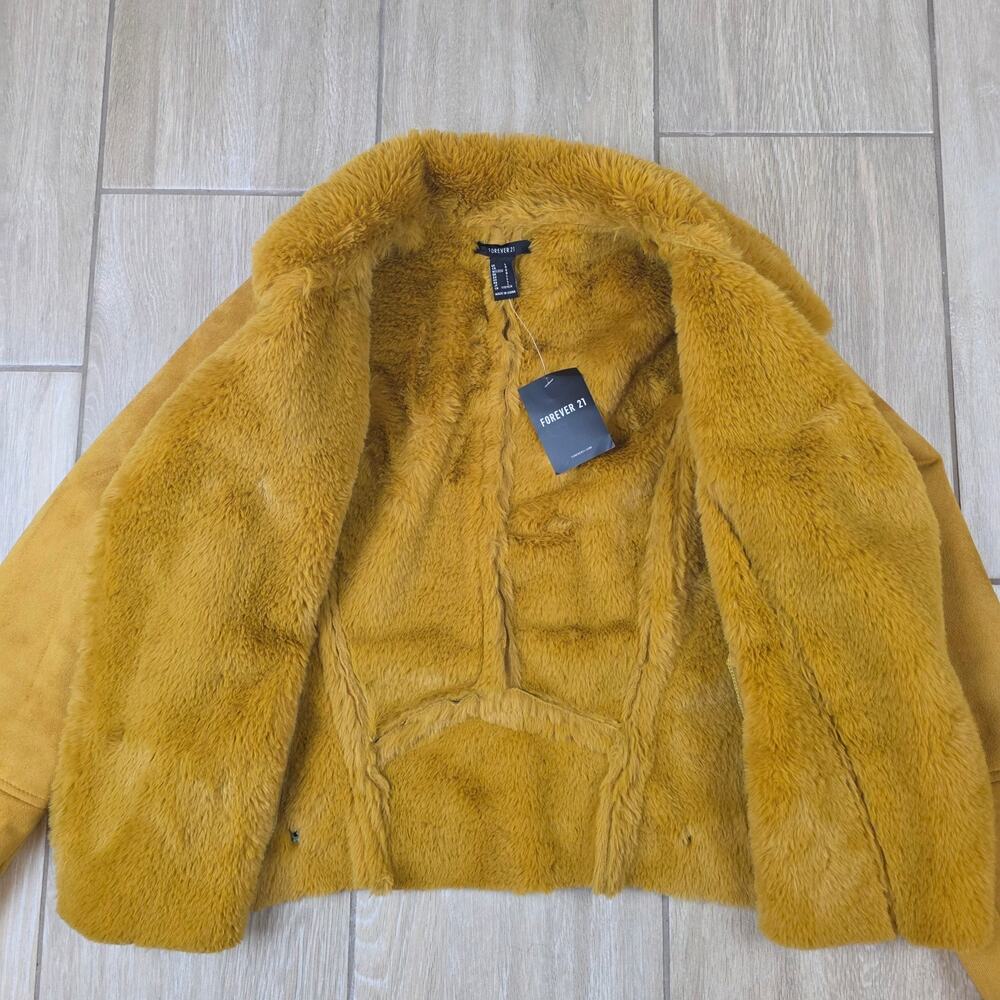 Forever 21 Moto Jacket Womens L Mustard Faux Suede Shearling Fur Biker NWT - Picture 3 of 12